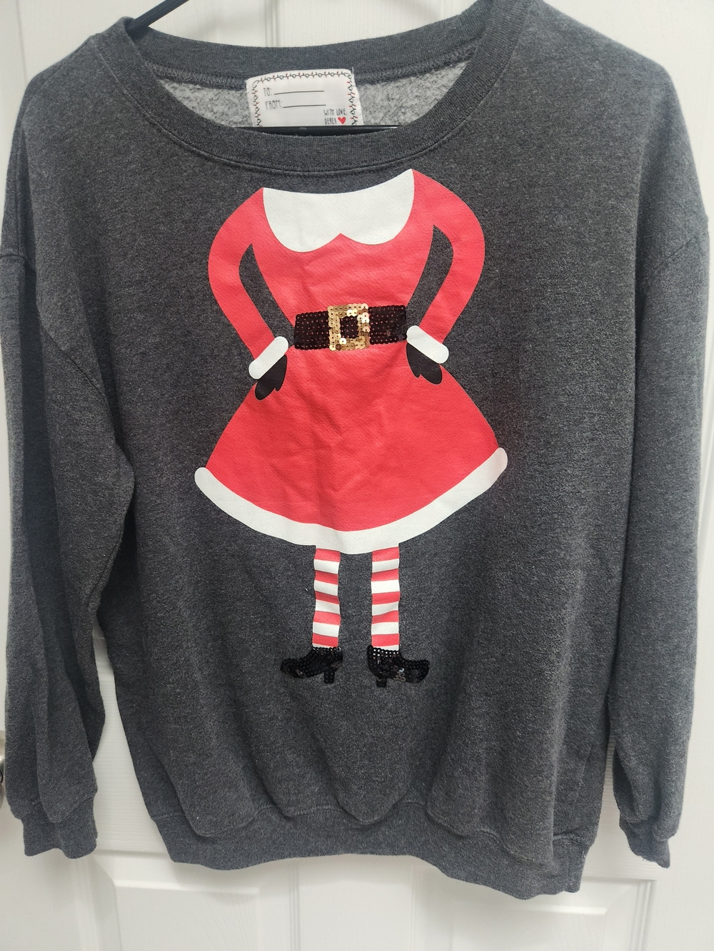 Derek Heart Gray Holiday Sweater with Red Santa Dress Graphic